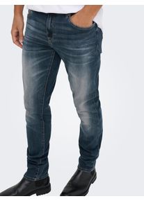 Only & Sons Slim-fit-Jeans ONLY & SONS "LOOM LIFE", Herren, Gr. 33, L&auml;nge 34, dunkelblau denim detail:tinted, Denim/Jeans, Obermaterial: 92% Baumwolle, 6% Elastomultiester, 2% Elasthan, unifarben, slim fit lang, Jeans Slim-fit-Jeans, mit niedriger Taille, sehr elastischer Denim