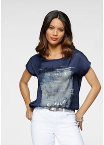 Shirtbluse Laura Scott, Damen, Gr. 44, blau (marine, grau), Web, Obermaterial: 100% Polyester. R&uuml;ckenteil: 95% Viskose, 5% Elasthan, bedruckt, metallic, unifarben, figurumspielend h&uuml;ftlang, Rundhals, Blusen Shirtbluse, aus Satin mit dezentem Aufdruck, Topseller