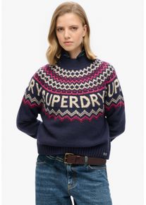 Strickpullover Superdry "BRANDED JUMPER", Damen, Gr. L, blau (island navy multi), Strick, Obermaterial: 80% Polyacryl, 20% Wolle, gemustert, relaxed fit, Rundhals, Pullover Strickpullover