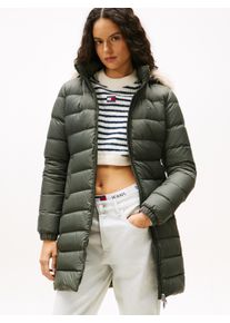 Steppmantel Tommy Jeans "TJW ESSENTIAL HOODED DOWN COAT", Damen, Gr. S (36), gr&uuml;n (pewter gr&uuml;n), Web, Obermaterial: 100% Nylon, unifarben, regular fit h&uuml;ftbedeckend, Rippb&uuml;ndchen, M&auml;ntel Steppmantel, mit Fellimitat, Logostickerei