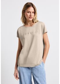 T-Shirt Street One, Damen, Gr. 38, coastal beige, Jersey, Obermaterial: 70% Modal, 30% Polyester, bedruckt, unifarben, h&uuml;ftbedeckend, Rundhals, Shirts T-Shirt, mit Wording aus Schmucksteinen
