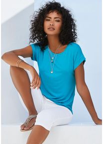 Kurzarmshirt Vivance "mit Gummizug im Bund", Damen, Gr. 44/46, blau (t&uuml;rkis), Obermaterial: 95% Viskose, 5% Elasthan, unifarben, Basic, bequem normal, Rundhals, angeschnitten, Shirts Kurzarmshirt, aus weichem Viskose-Stretch, Topseller