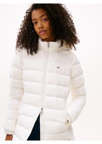 Steppmantel Tommy Jeans "TJW ESSENTIAL HOODED DOWN COAT", Damen, Gr. L (40), beige (ecru), Web, Obermaterial: 100% Nylon, unifarben, regular fit h&uuml;ftbedeckend, Rippb&uuml;ndchen, M&auml;ntel Steppmantel, mit Fellimitat, Logostickerei