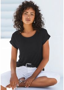 Kurzarmshirt Vivance "mit Gummizug im Bund", Damen, Gr. 44/46, schwarz, Obermaterial: 95% Viskose, 5% Elasthan, unifarben, Basic, bequem normal, Rundhals, angeschnitten, Shirts Kurzarmshirt, aus weichem Viskose-Stretch, Topseller