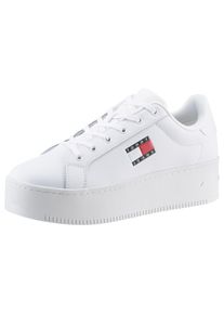 Plateausneaker Tommy Jeans "TJW FLATFORM ESS", Damen, Gr. 42, wei&szlig;, Leder, Lederimitat, Textil, Schuhe Plateausneaker, Freizeitschuh, Halbschuh, Schn&uuml;rschuh mit gepolstertem Schaftrand