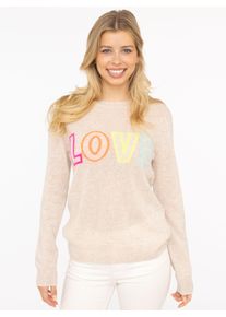 Kaschmirpullover Zwillingsherz "LOVE" wording", Damen, Gr. XL, hellbeige, Strick, Obermaterial: 100% Kaschmir, bequem h&uuml;ftbedeckend, Rundhals, gerader Abschluss, Pullover Kaschmirpullover, Rundhals, mit LOVE Aufschrift in Neonfarbe