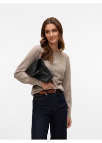 V&eacute;ro Moda Rundhalspullover VERO MODA "VMDOFFY LS O-NECK BLOUSE GA NOOS", Damen, Gr. XS, grau (moon rock detail:melange), Strick, Obermaterial: 94% Polyester, 3% Elasthan, 3% Nylon, meliert, regular fit normal, Rundhals, Rippb&uuml;ndchen, Pullover Rundhalspullover, Materialmix, regular fit
