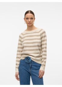 V&eacute;ro Moda Rundhalspullover VERO MODA "VMDOFFY LS O-NECK BLOUSE GA NOOS", Damen, Gr. M, beige (birch stripes:with sepia tint), Strick, Obermaterial: 94% Polyester, 3% Elasthan, 3% Nylon, gestreift, regular fit normal, Rundhals, Rippb&uuml;ndchen, Pullover Rundhalspullover, Materialmix, regular fit