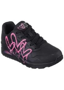 Sneaker Skechers "UNO DRIPPING IN LOVE", Damen, Gr. 36, schwarz (schwarz, kombiniert), Lederimitat, Schuhe Modernsneaker Sneaker low, mit Herzen-Graffity-Print, Freizeitschuh, Halbschuh, Schn&uuml;rschuh