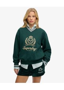 Superdry Damen Baumwolle Gesticktes Logo Country Club V-Ausschnitt-Sweatshirt in Lockerer Passform, Gr&uuml;n & Gelb - Gr&ouml;&szlig;e: 36 21026235008128UM030
