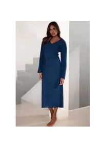 Strickkleid Lascana, Damen, Gr. 32/34, N-Gr, blau (blau, melange), Rippware, Obermaterial: 56% Polyester, 41% Viskose, 3% Elasthan, meliert, unifarben, figurumspielend kniebedeckend, V-Ausschnitt, Kleider Strickkleid, Lounge-/ Rippkleid mit weiten &Auml;rmeln und Taillenband, Loungewear
