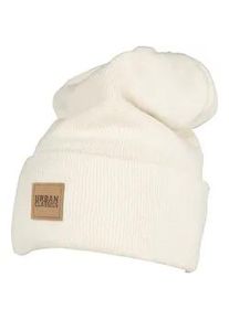 Beanie Urban Classics "Urban Classics Unisex Synthetic Leatherpatch Long Beanie", Damen, Gr. onesize, sand, Kunstfaser, M&uuml;tzen Beanie