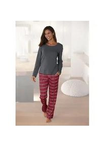 H.I.S. Pyjama H.I.S, Damen, Gr. 46, orange (braun, rot, kariert), Single Jersey, Obermaterial: 100% Baumwolle, Basic lang, Rundhals, Homewear-Sets Pyjama, mit karierter Schlafhose