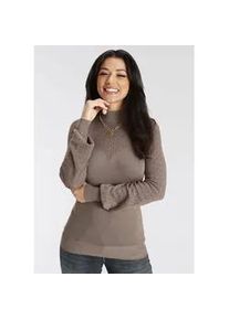 Stehkragenpullover Melrose, Damen, Gr. 38, grau (taupe), Feinstrick, Obermaterial: 70% Viskose, 30% Polyamid, sehr figurbetont h&uuml;ftlang, hoch geschlossener Ausschnitt, extrabreites B&uuml;ndchen, Pullover Stehkragenpullover, mit Ajourstrick und vulomin&ouml;sen &Auml;rmeln