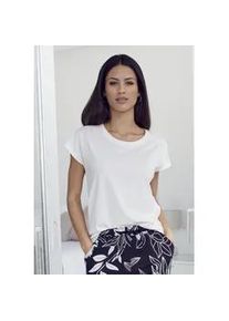 Pyjamaoberteil Lascana, Damen, Gr. 36/38, beige (ecru), Single Jersey, Obermaterial: 50% Baumwolle, 50% Viskose, unifarben, Basic, bequem h&uuml;ftlang, Rundhals, angeschnitten Overlocknaht, Shirts, in Unifarben