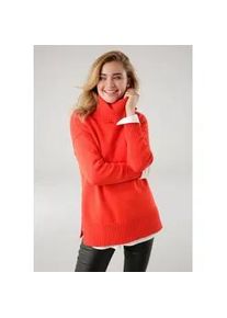 Rollkragenpullover Tamaris, Damen, Gr. 36/38, rot (knallrot, melange), Strick, Obermaterial: 50% Viskose, 28% Polyester, 22% Polyamid, l&auml;ssig geschnitten h&uuml;ftbedeckend, Strickb&uuml;ndchen, Pullover Rollkragenpullover, in l&auml;ssiger Form mit seitlichen Schlitzen