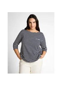 T-Shirt Tom Tailor PLUS, Damen, Gr. 52, navy blau sanftes wei&szlig; stripe, Single Jersey, Obermaterial: 97% Baumwolle, 3% Elasthan, bedruckt, gestreift, regular fit normal, U-Boot-Ausschnitt, gerader Abschluss, Shirts T-Shirt, mit Schriftzug