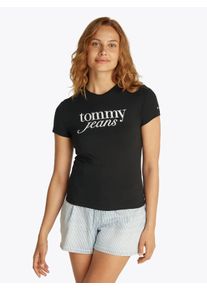 Rundhalsshirt Tommy Jeans CURVE "Shirt TJW SLIM ESSENTIAL", Damen, Gr. XL (42), schwarz, Jersey, Obermaterial: 70% Baumwolle, 30% Viskose, bedruckt, unifarben, regular fit, Rundhals, Shirts Rundhalsshirt, in Gro&szlig;en Gr&ouml;&szlig;en, Logo-Print auf Brusth&ouml;he, mit Logostickerei