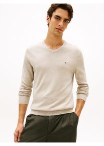 Strickpullover Tommy Hilfiger "ESSENTIAL COTTON V NECK mit V-Ausschnitt und Stickerei", Herren, Gr. L, sandalwood heather, Strick, Obermaterial: 100% Baumwolle, V-Ausschnitt, Rippb&uuml;ndchen, Pullover Strickpullover, unifarben, casual, regular fit, Baumwolle, V-Ausschnitt