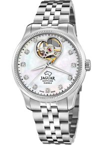 Automatikuhr Jaguar, silber (silberfarben, perlmuttfarben), Armbanduhren, Damen, Automatikuhr, Armbanduhr, Damenuhr, offene Unruh in Herzform, Saphirglas, Swiss Made