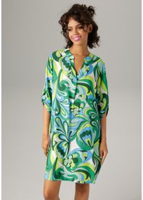 Sommerkleid Aniston CASUAL, Damen, Gr. 42, N-Gr, bunt (jade, apfelgr&uuml;n, smaragd, dunkelgr&uuml;n, t&uuml;rkis, wollwei&szlig;, schwarz), Web, Obermaterial: 100% Viskose, bedruckt, gemustert, figurumspielend kniefrei, V-Ausschnitt, Krempel&auml;rmel, Kleider Sommerkleid, mit farbharmonischem, graphischem Druck