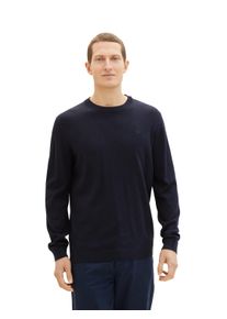 Rundhalspullover Tom Tailor, Herren, Gr. L, blau (navy melange), Strick, Obermaterial: 100% Baumwolle, regular fit h&uuml;ftbedeckend, Rundhals, B&uuml;ndchen, Pullover Rundhalspullover, mit Logostickerei