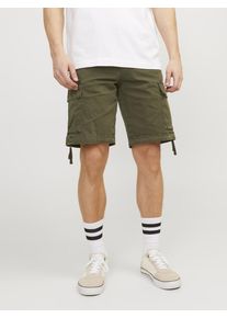 Jack & Jones Cargohose JACK & JONES "JPSTCOLE TUCKER CARGO SHORTS LNG SN", Herren, Gr. S, N-Gr, gr&uuml;n (olive night detail:solid), Web, Obermaterial: 100% Baumwolle, unifarben, relaxed fit knielang, Hosen Cargohose