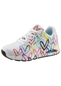 Wedgesneaker Skechers "UNO-SPREAD THE LOVE", Damen, Gr. 37, wei&szlig;, bunt allover, Lederimitat, kontrastfarbene Details, Schuhe Wedgesneaker, Freizeitschuh, Halbschuh, Schn&uuml;rschuh mit coolem Graffiti-Print