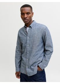 Jack & Jones Langarmhemd JACK & JONES "JPRBLUSUMMER LINEN BLEND SHIELD LS SHIRT", Damen, Gr. XS, N-Gr, faded denim fit:regular fit, Web, Obermaterial: 70% Baumwolle, 30% Leinen, unifarben, regular fit normal, Hemden Langarmhemd