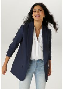 Longblazer Aniston SELECTED, Damen, Gr. 46, blau (marine), Web, Obermaterial: 95% Polyester, 5% Elasthan. Futter: 100% Polyester, unifarben, l&auml;ssig geschnitten h&uuml;ftbedeckend, Blazer Longblazer, mit modischem Reverskragen und gerafften &Auml;rmeln, Topseller