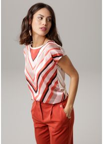 Shirtbluse Laura Scott, Damen, Gr. 42, bunt (beige, rostbraun, gemustert), Single Jersey, Obermaterial: 100% Polyester. R&uuml;ckenteil: 95% Viskose, 5% Elasthan, gemustert, gestreift, figurumspielend h&uuml;ftbedeckend, Rundhals, angeschnitten, Blusen Shirtbluse, gemustert und gestreift, femininer Stil, Rundhalsausschnitt, Topseller