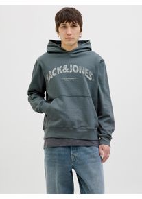Jack & Jones Kapuzensweatshirt JACK & JONES "JORALMERIA SWEAT HOOD", Herren, Gr. XL, grau (stormy weather), angeraute Sweatware, Obermaterial: 100% Baumwolle, bedruckt, regular fit taillenbedeckt, ohne Ausschnitt, Rippb&uuml;ndchen, Sweatshirts Kapuzensweatshirt, mit Logo Print