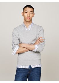 Strickpullover Tommy Hilfiger "ESSENTIAL COTTON V NECK mit V-Ausschnitt und Stickerei", Herren, Gr. XL, grau (light grau heather), Strick, Obermaterial: 100% Baumwolle, meliert, V-Ausschnitt, Rippb&uuml;ndchen, Pullover Strickpullover, unifarben, casual, regular fit, Baumwolle, V-Ausschnitt