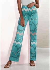 Pyjamahose Lascana, Damen, Gr. 44/46, N-Gr, blau (allover, t&uuml;rkis), Single Jersey, Obermaterial: 95% Viskose, 5% Elasthan, bedruckt, gemustert, Basic, bequem lang, Hosen Pyjamahose, mit grafischem Zick-Zack Muster