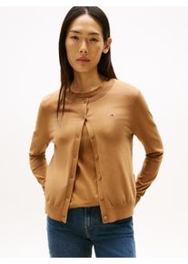 Cardigan Tommy Hilfiger "CO JERSEY STITCH CARDIGAN", Damen, Gr. XS (34), braun (hickory), Feinstrick, Obermaterial: 67% Baumwolle, 33% Polyamid, unifarben, regular fit h&uuml;ftlang, Rundhals, Rippstrickb&uuml;ndchen, Strickjacken Cardigan, Baumwollmischung, regular fit, Rundhals, goldfarbene Kn&ouml;pfe