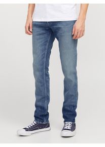Jack & Jones Slim-fit-Jeans JACK & JONES "JJIGLENN JJDENVER JJ 144 NOOS", Herren, Gr. 31, L&auml;nge 34, blau (blau denim), Denim/Jeans, Obermaterial: 99% Baumwolle, 1% Elasthan, Abriebeffekte, slim fit kn&ouml;chellang, Jeans Slim-fit-Jeans