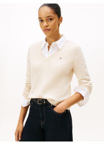 Strickpullover Tommy Hilfiger "SOFT WOOL V-NK SWEATER", Damen, Gr. S (36), heather oatmilk, Strick, Obermaterial: 100% Wolle, unifarben, normal, V-Ausschnitt, B&uuml;ndchen, Pullover Strickpullover, aus reiner Wolle