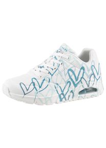 Wedgesneaker Skechers "UNO-SPREAD THE LOVE", Damen, Gr. 37, blau (wei&szlig;, t&uuml;rkis), Lederimitat, kontrastfarbene Details, Schuhe Wedgesneaker, Freizeitschuh, Halbschuh, Schn&uuml;rschuh mit coolem Graffiti-Print