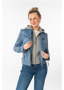 Lederjacke Mauritius "NOLA", Damen, Gr. 3XL/46, blau, Obermaterial: 100% Schafsleder. Futter: 100% Baumwolle. Kapuze: 52% Baumwolle, 48% Polyester. &Auml;rmelfutter: 100% Polyester, unifarben, sehr figurbetont kurz, Rundhals, 2-Naht-&Auml;rmel mit Rei&szlig;verschluss, Jacken Lederjacke, Two-in-One Style - mit abnehmbarer Jersey-Kapuze, Topseller