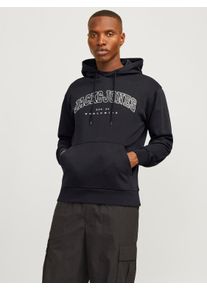 Jack & Jones Kapuzensweatshirt JACK & JONES "JJECALEB VARSITY SWEAT HOOD NOOS", Herren, Gr. XS, schwarz, angeraute Sweatware, Obermaterial: 70% Baumwolle, 30% Polyester, bedruckt, loose fit, Rundhals, B&uuml;ndchen, Sweatshirts Kapuzensweatshirt