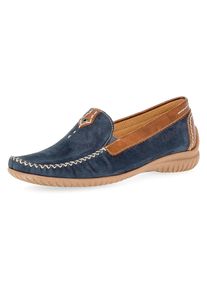 Mokassin Gabor "FLORENZ", Damen, Gr. 39, blau (blau, cognac), Kalbsleder, Nubukleder, Schuhe Mokassin, Slipper, Schlupfschuh, Bequmschuh mit Kontrastnaht, Weite G (=weit)
