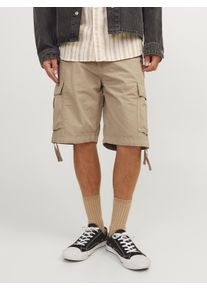 Jack & Jones Cargohose JACK & JONES "JPSTCOLE TUCKER CARGO SHORTS LNG SN", Herren, Gr. S, N-Gr, dune detail:solid, Web, Obermaterial: 100% Baumwolle, unifarben, relaxed fit knielang, Hosen Cargohose