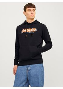 Jack & Jones Kapuzensweatshirt JACK & JONES "JJTILEY SWEAT HOOD", Herren, Gr. S, schwarz, angeraute Sweatware, Obermaterial: 60% Baumwolle, 40% Polyester, bedruckt, normal, Rundhals, Rippb&uuml;ndchen, Sweatshirts Kapuzensweatshirt