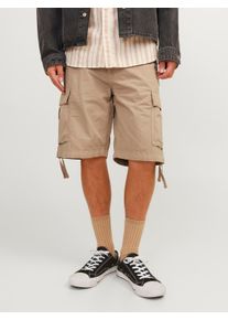 Jack & Jones Cargohose JACK & JONES "JPSTCOLE TUCKER CARGO SHORTS LNG SN", Herren, Gr. XS, N-Gr, dune detail:solid, Web, Obermaterial: 100% Baumwolle, unifarben, relaxed fit knielang, Hosen Cargohose