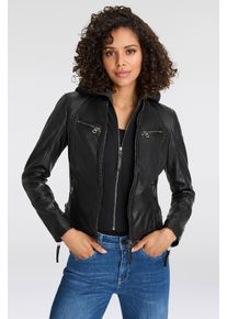 Lederjacke Mauritius "NOLA", Damen, Gr. 3XL/46, schwarz, Obermaterial: 100% Schafsleder. Futter: 100% Baumwolle. Kapuze: 55% Polyester, 45% Baumwolle. &Auml;rmelfutter: 100% Polyester, kontrastfarbene Details, sehr figurbetont kurz, Rundhals, 2-Naht-&Auml;rmel mit Rei&szlig;verschluss, Jacken Lederjacke, Two-in-One Style - mit abnehmbarer Jersey-Kapuze, Topseller