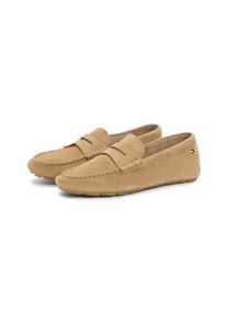 Slipper Tommy Hilfiger "FLAG SOFT SUEDE DRIVER LOAFER", Damen, Gr. 38, beige, Veloursleder, unifarben, Schuhe Slipper, Schlupfschuh, Bequemschuh, Mokassin, Flats mit modischen Zierriegel