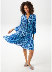 Tunikakleid Aniston CASUAL, Damen, Gr. 36, N-Gr, blau (t&uuml;rkis, marine, blau), Web, Obermaterial: 100% Viskose, bedruckt, gebl&uuml;mt, l&auml;ssig geschnitten kniefrei, V-Ausschnitt, Volant, Kleider Tunikakleid, mit farbenfrohen, graphischen Bl&uuml;ten bedruckt, Topseller