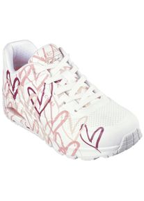 Wedgesneaker Skechers "UNO-SPREAD THE LOVE", Damen, Gr. 35, rosa (wei&szlig;, rosa), Lederimitat, kontrastfarbene Details, Schuhe Wedgesneaker, Freizeitschuh, Halbschuh, Schn&uuml;rschuh mit coolem Graffiti-Print
