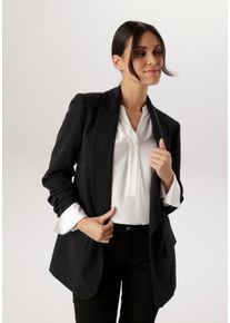 Longblazer Aniston SELECTED, Damen, Gr. 46, schwarz, Web, Obermaterial: 95% Polyester, 5% Elasthan. Futter: 100% Polyester, unifarben, l&auml;ssig geschnitten h&uuml;ftbedeckend, Blazer Longblazer, mit modischem Reverskragen und gerafften &Auml;rmeln, Topseller