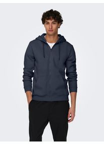 Only & Sons Kapuzensweatjacke ONLY & SONS "ONSCERES ZIP THR. HOODIE SWEAT NOOS", Herren, Gr. L, blau (blau nights), angeraute Sweatware, Obermaterial: 65% Baumwolle, 35% Polyester, unifarben, regular fit normal, ohne Ausschnitt, Rippb&uuml;ndchen, Sweatjacken Kapuzensweatjacke